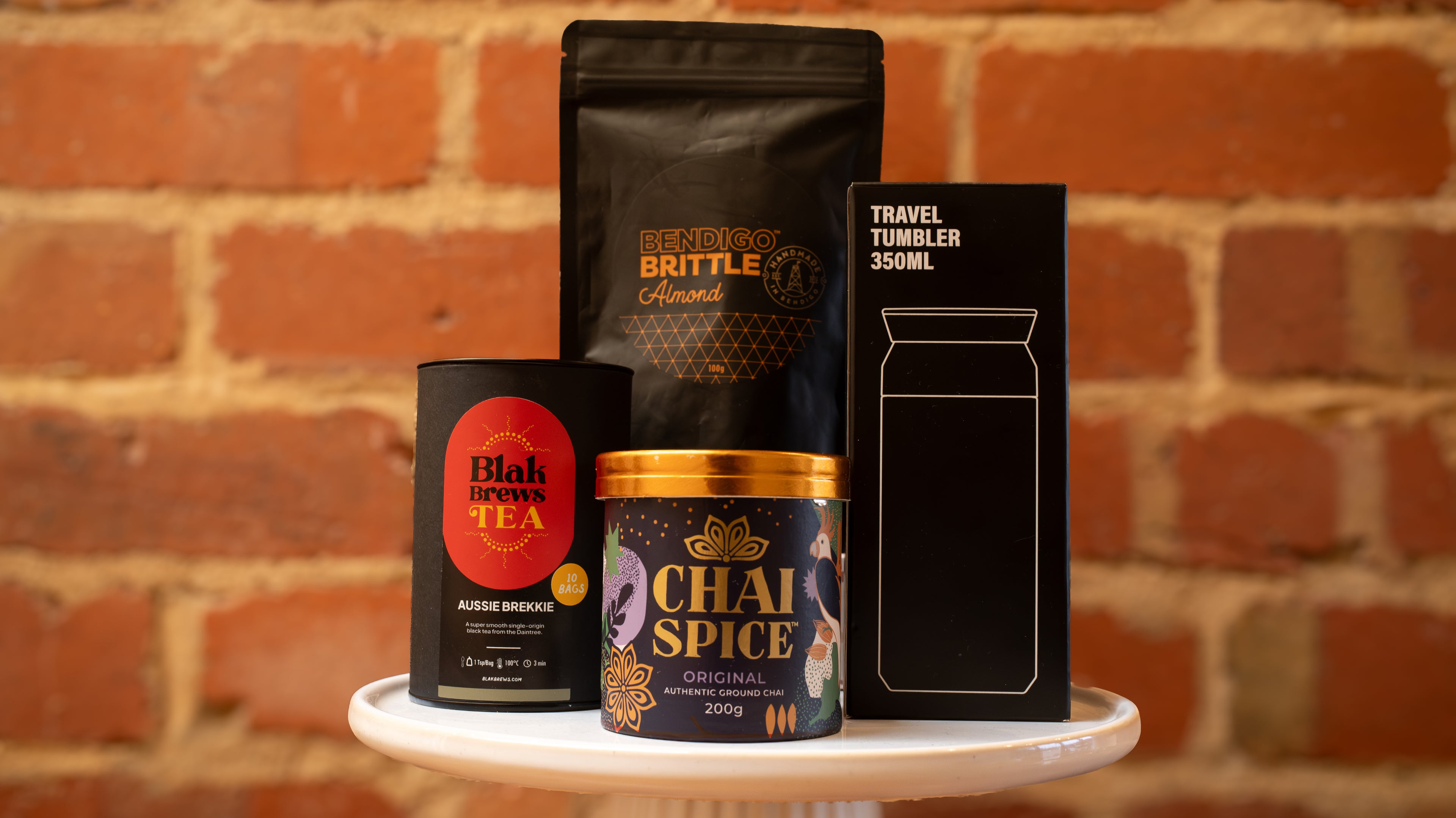 Chai & Aussie Brekkie Tea Companion Set with Almond Brittle & Travel Tumbler Rare and Ready Gifts