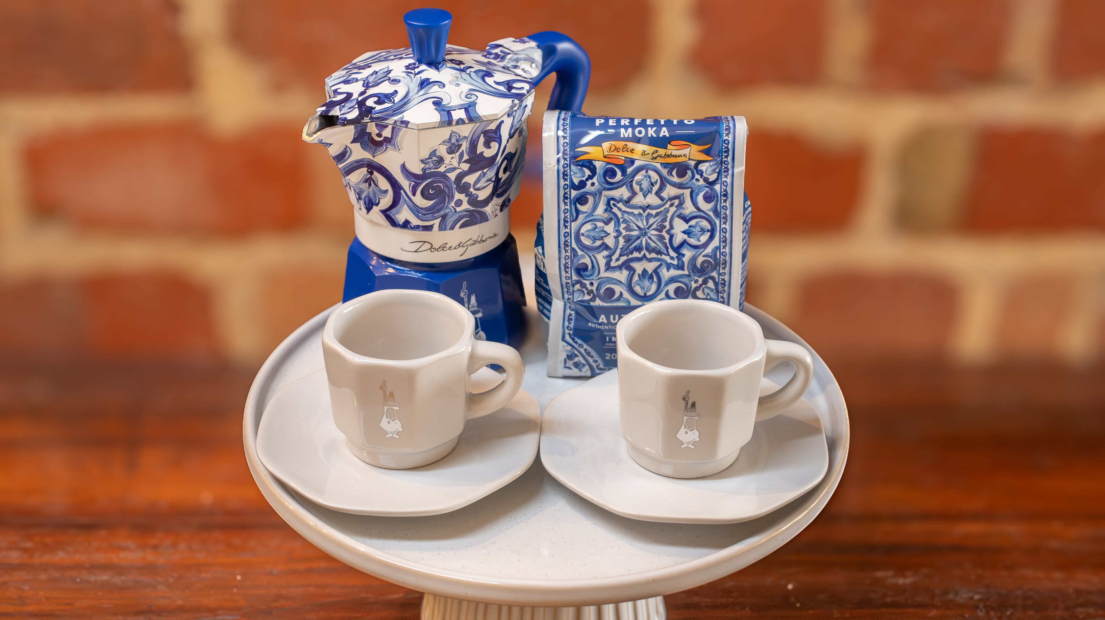 Bialetti Dolce & Gabbana Mediterranean Blue Moka Express 3-Cup Espresso Maker with Autentico Coffee & 2 Coffee Cups | Gift Set Rare and Ready Gifts