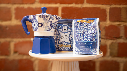 Bialetti Dolce & Gabbana Mediterranean Blue Moka Express 3-Cup Espresso Maker + Autentico Coffee & Tin | Gift Set Rare and Ready Gifts