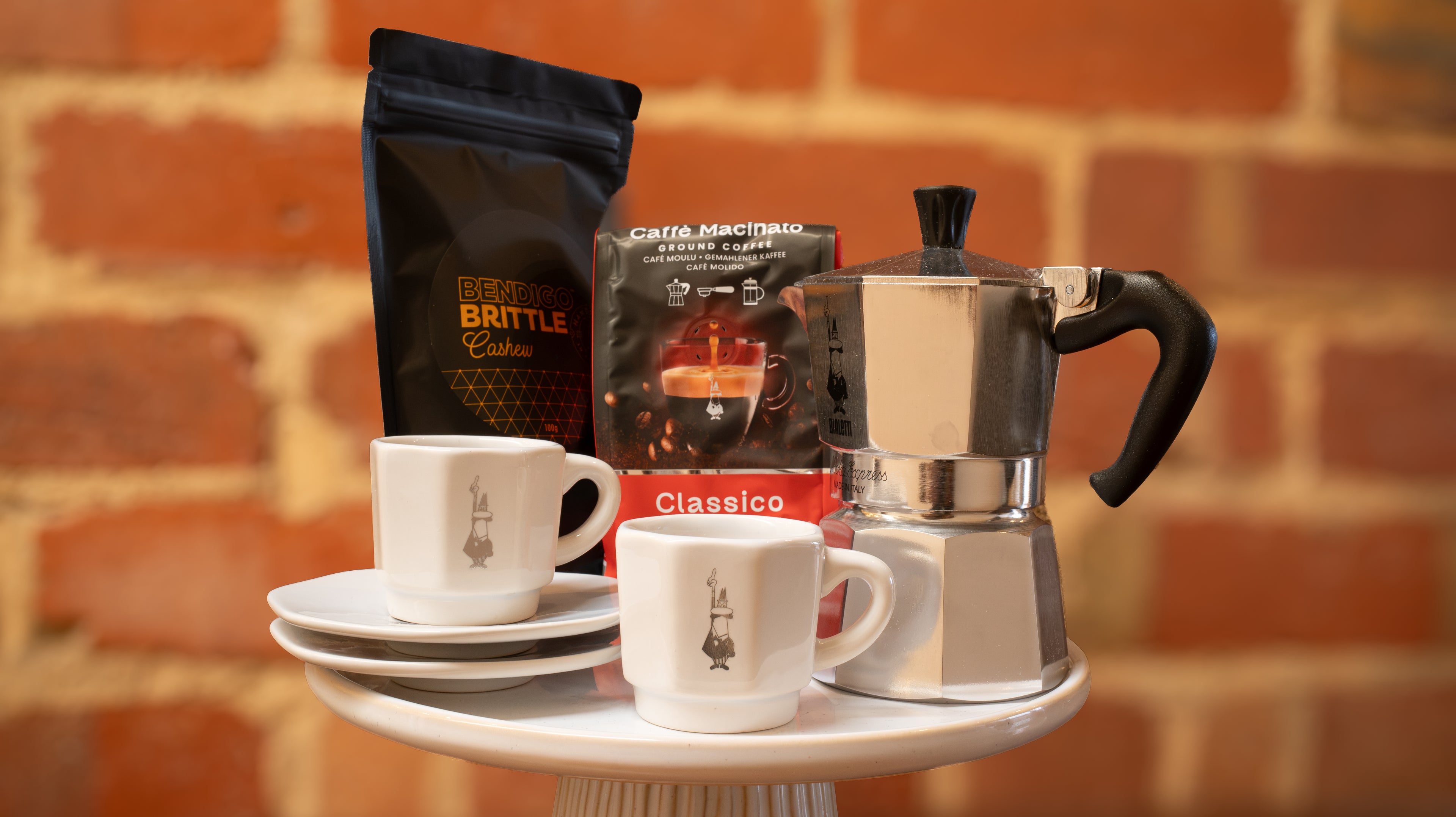 Bialetti Moka Express 3‑Cup, Classico ground coffee, 2 coffee cups, Bendigo Brittle Cashews | Gift Set (Copy) Rare and Ready Gifts